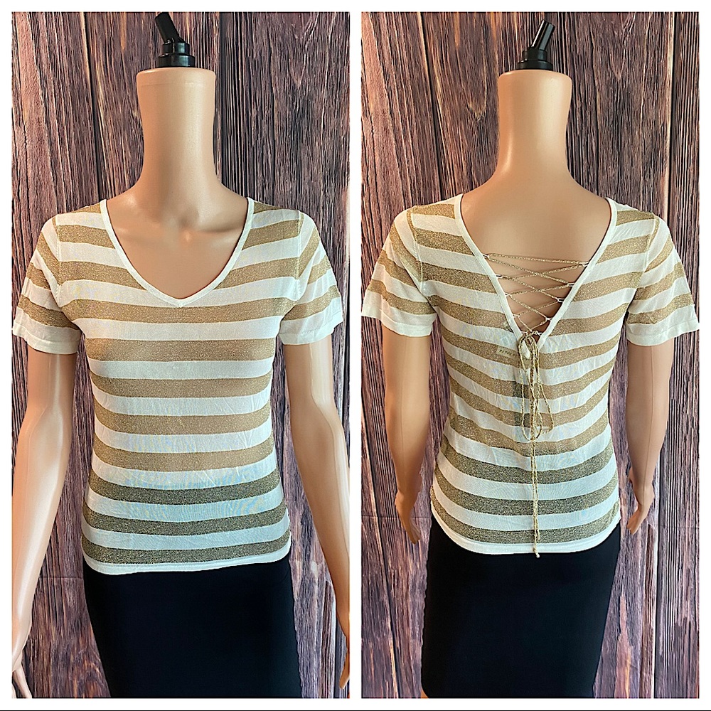 Peppe Peluso NWT stripped white with gold sparkles sheer blouse size medium